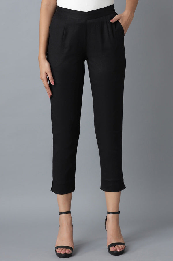 Elleven Women's Black Solid Straight Fit Cotton Trousers With Roll Up Hem