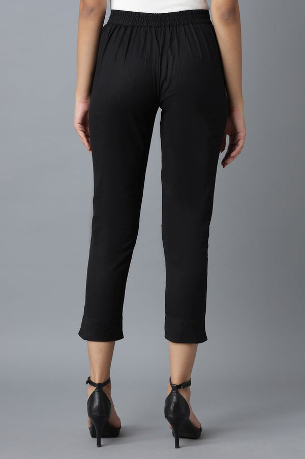 Elleven Women's Black Solid Straight Fit Cotton Trousers With Roll Up Hem
