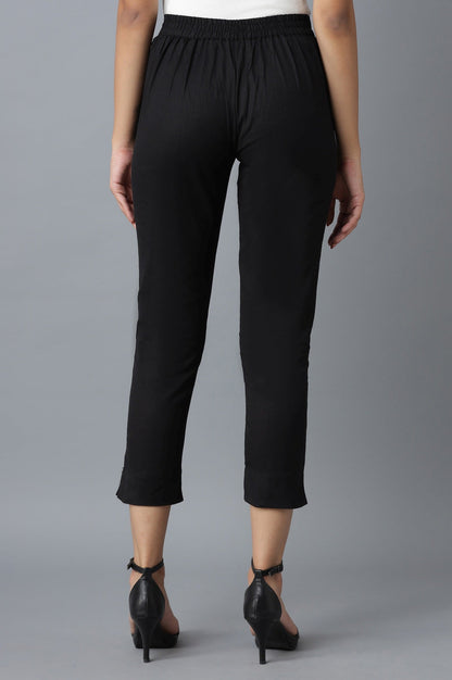 Black Solid Straight Fit Cotton Trousers With Elasticated Waistband