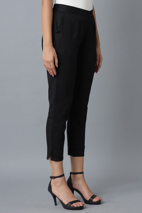 Elleven Women's Black Solid Straight Fit Cotton Trousers With Roll Up Hem