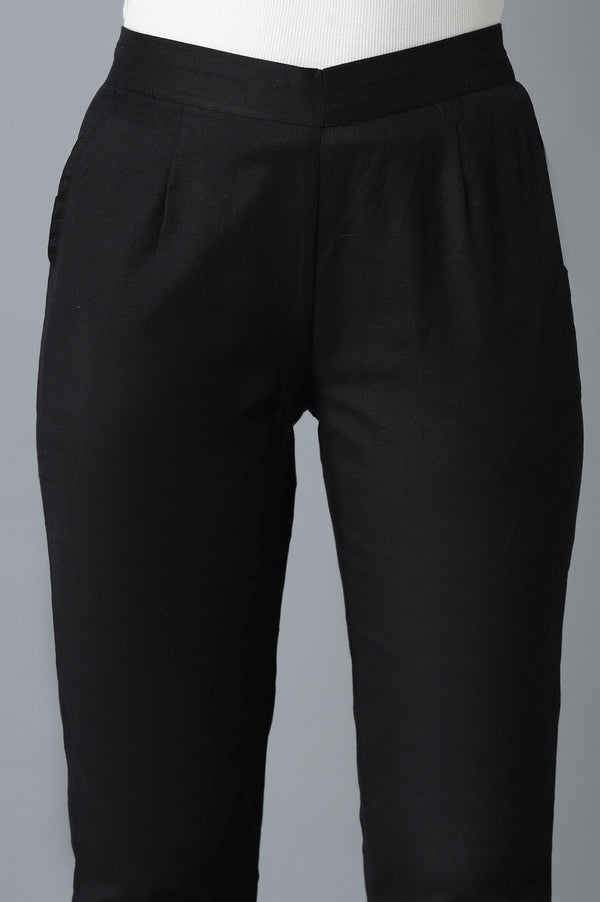 Elleven Women's Black Solid Straight Fit Cotton Trousers With Roll Up Hem