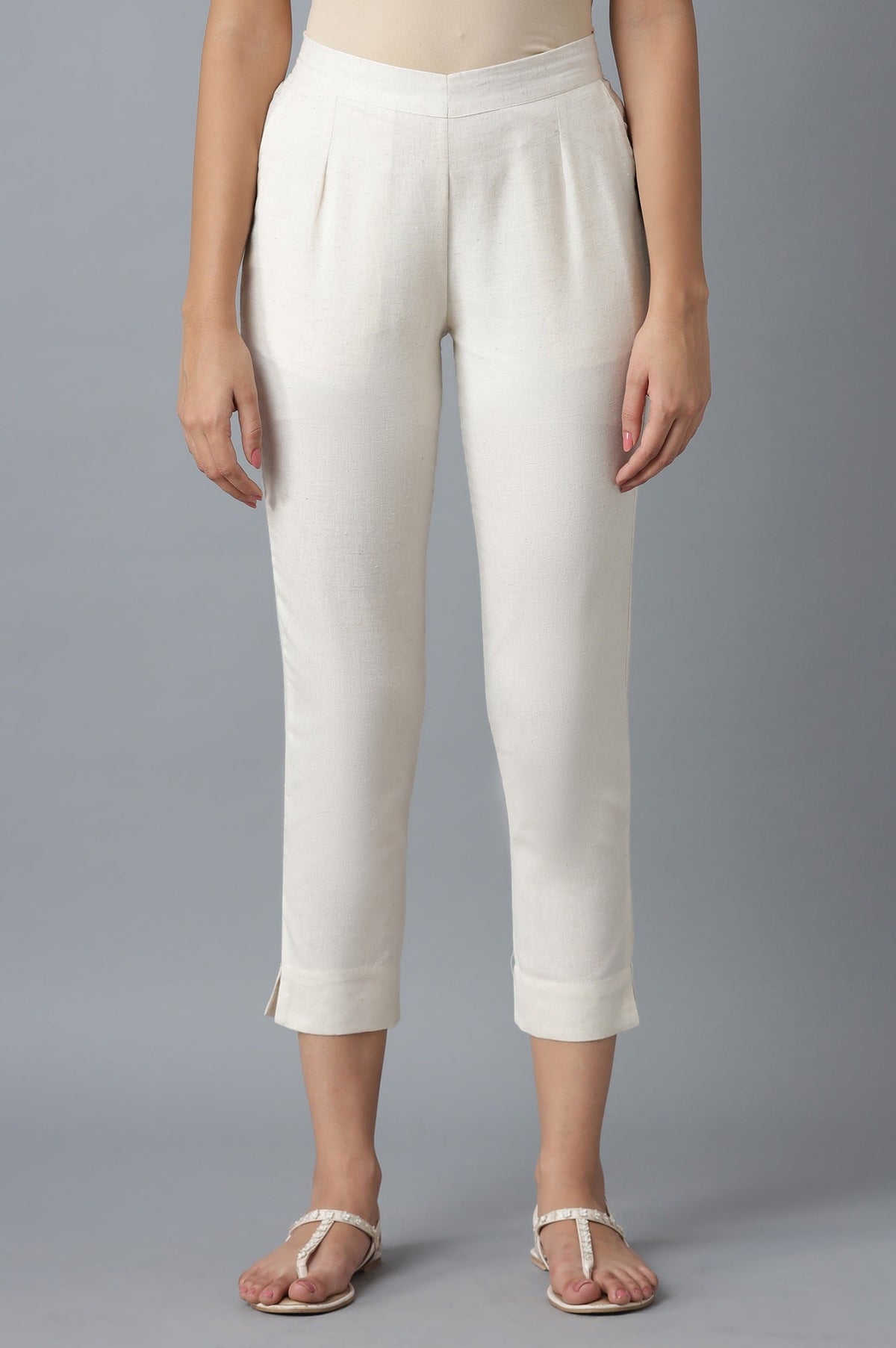 Elleven Women's Beige Solid Straight Fit Cotton Trousers With Elasticated Waist - S