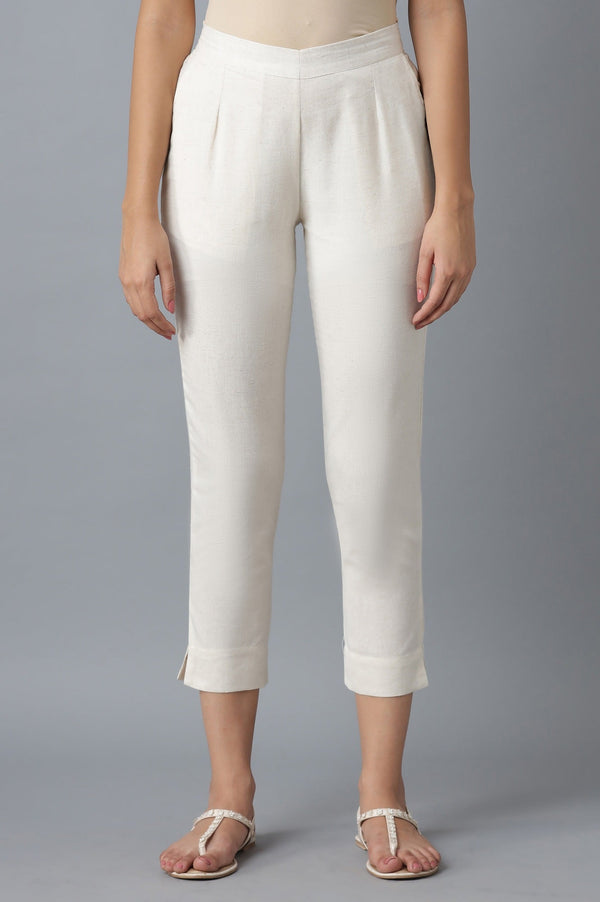 Beige Solid Straight Fit Cotton Trousers With Elasticated Waist