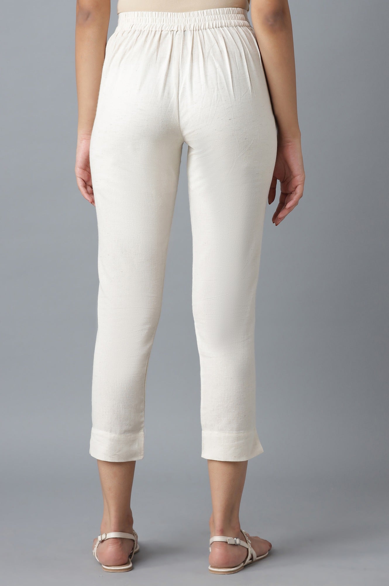 Beige Solid Straight Fit Cotton Trousers With Elasticated Waist