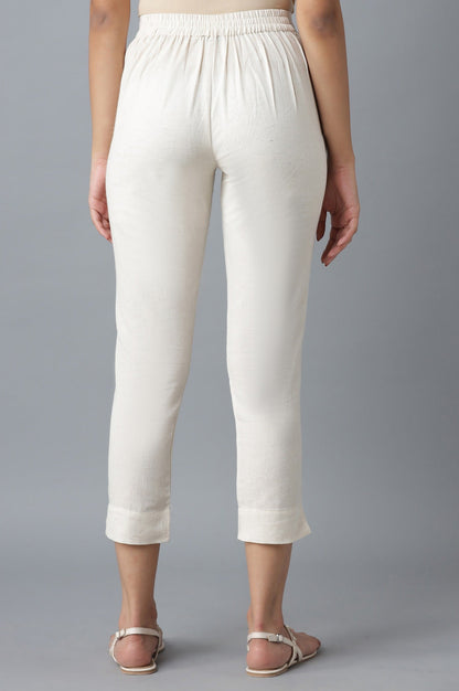 Beige Solid Straight Fit Cotton Trousers With Elasticated Waist