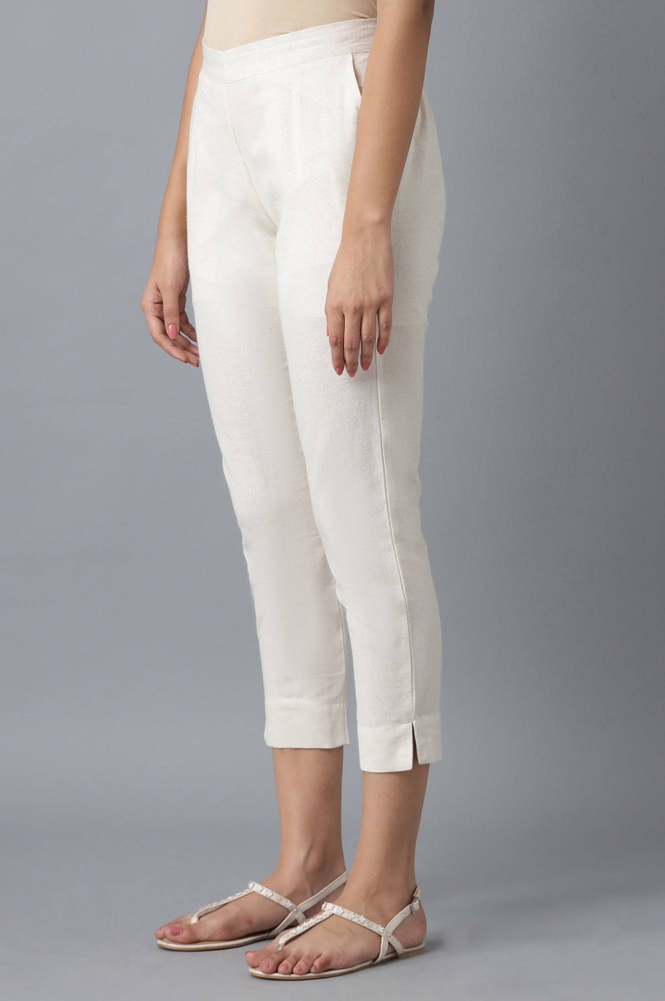 Beige Solid Straight Fit Cotton Trousers With Elasticated Waist