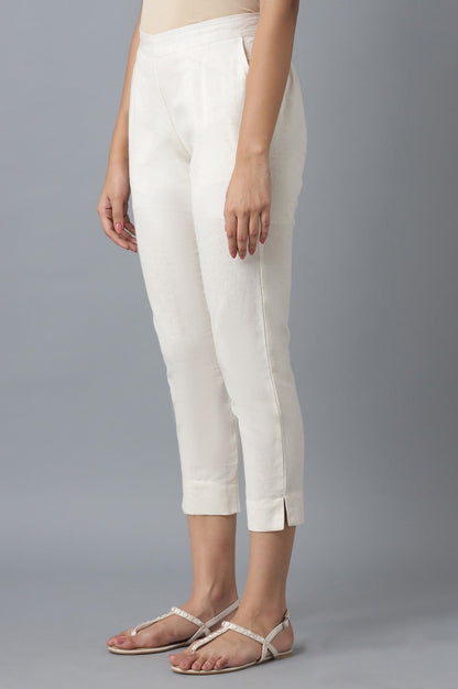Beige Solid Straight Fit Cotton Trousers With Elasticated Waist