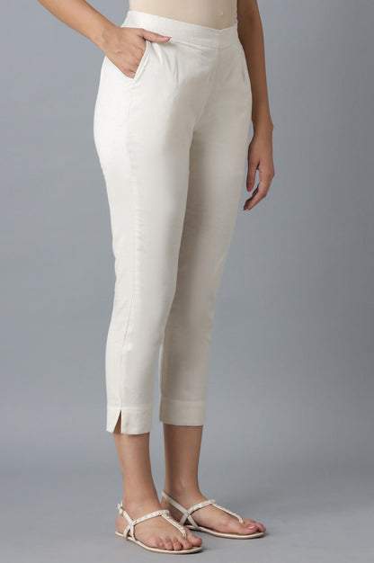 Beige Solid Straight Fit Cotton Trousers With Elasticated Waist