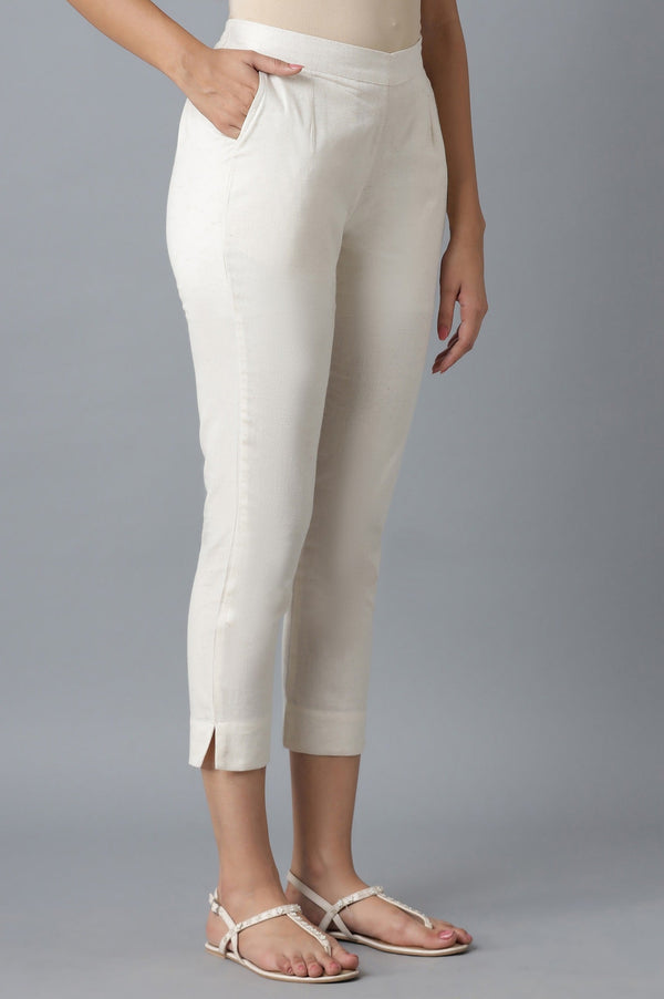 Elleven Women's Beige Solid Straight Fit Cotton Trousers With Elasticated Waist