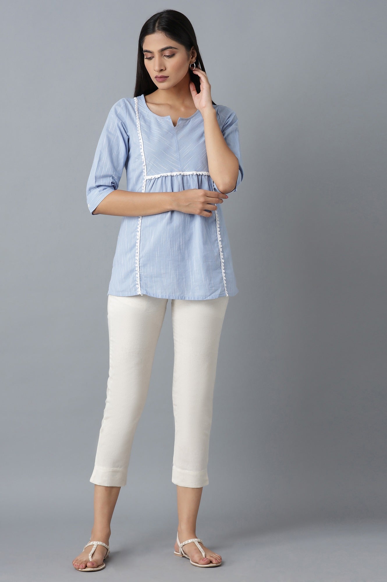 Beige Solid Straight Fit Cotton Trousers With Elasticated Waist