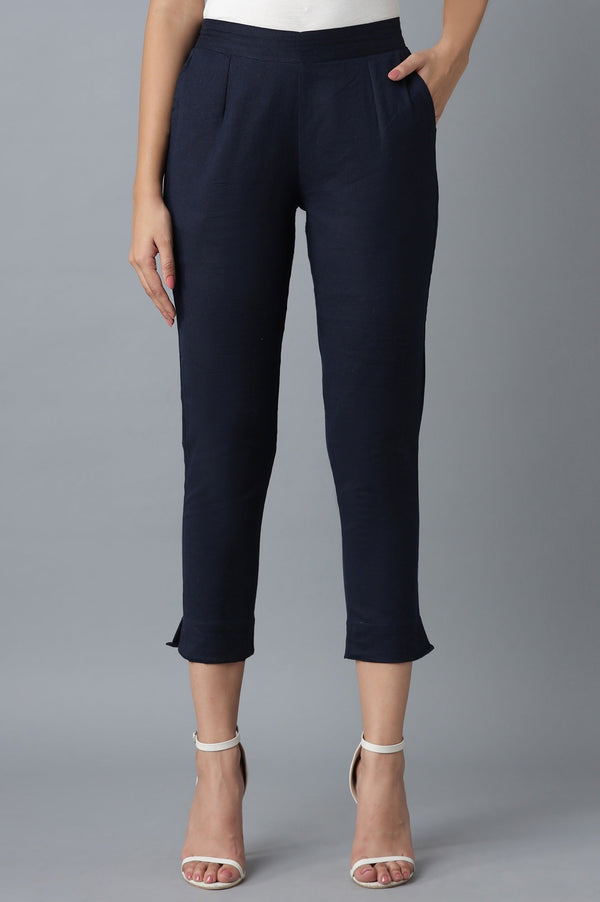 Elleven Women's Navy Blue Solid Straight Fit Cotton Trousers With Elasticated Waistband
