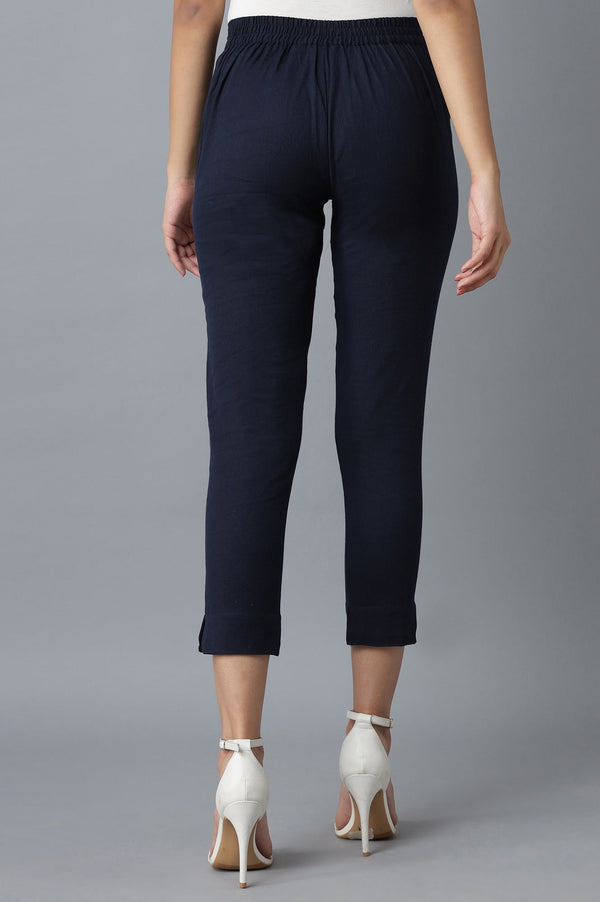 Elleven Women's Navy Blue Solid Straight Fit Cotton Trousers With Elasticated Waistband