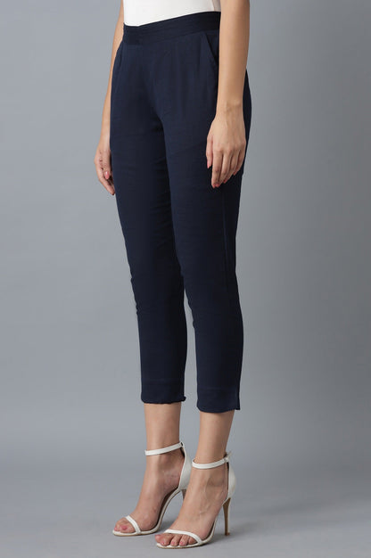 Navy Blue Solid Straight Fit Cotton Trousers With Elasticated Waistband