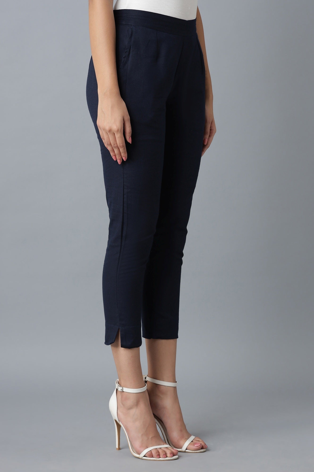 Navy Blue Solid Straight Fit Cotton Trousers With Elasticated Waistband