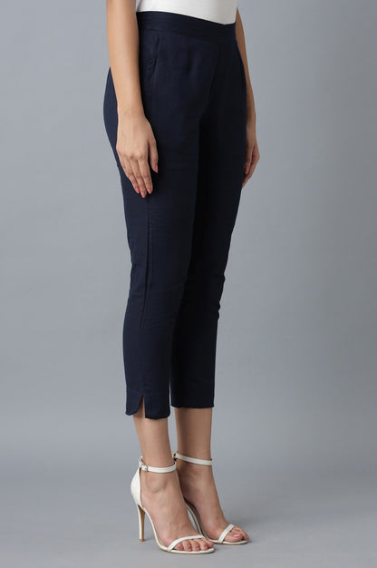 Navy Blue Solid Straight Fit Cotton Trousers With Elasticated Waistband
