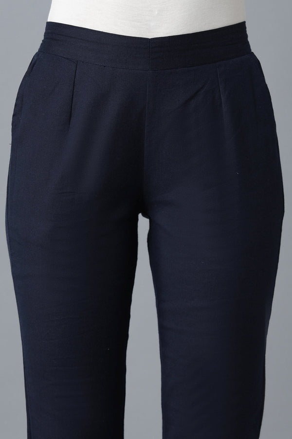 Elleven Women's Navy Blue Solid Straight Fit Cotton Trousers With Elasticated Waistband