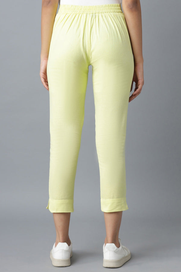 Yellow Solid Straight Fit Cotton Trousers With Elasticated Waist