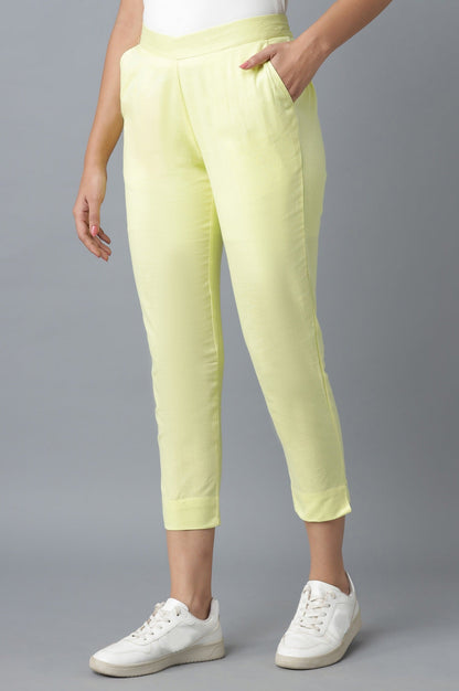 Yellow Solid Straight Fit Cotton Trousers With Elasticated Waist