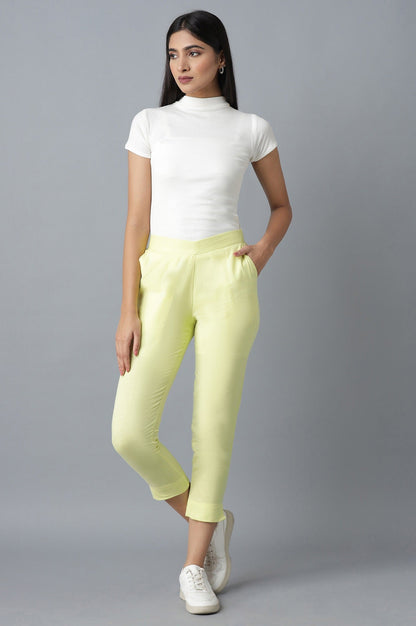 Yellow Solid Straight Fit Cotton Trousers With Elasticated Waist