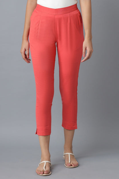 Peach Solid Straight Fit Cotton Trousers With Elasticated Waistband