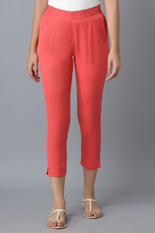 Elleven Women's Peach Solid Straight Fit Cotton Trousers With Elasticated Waistband