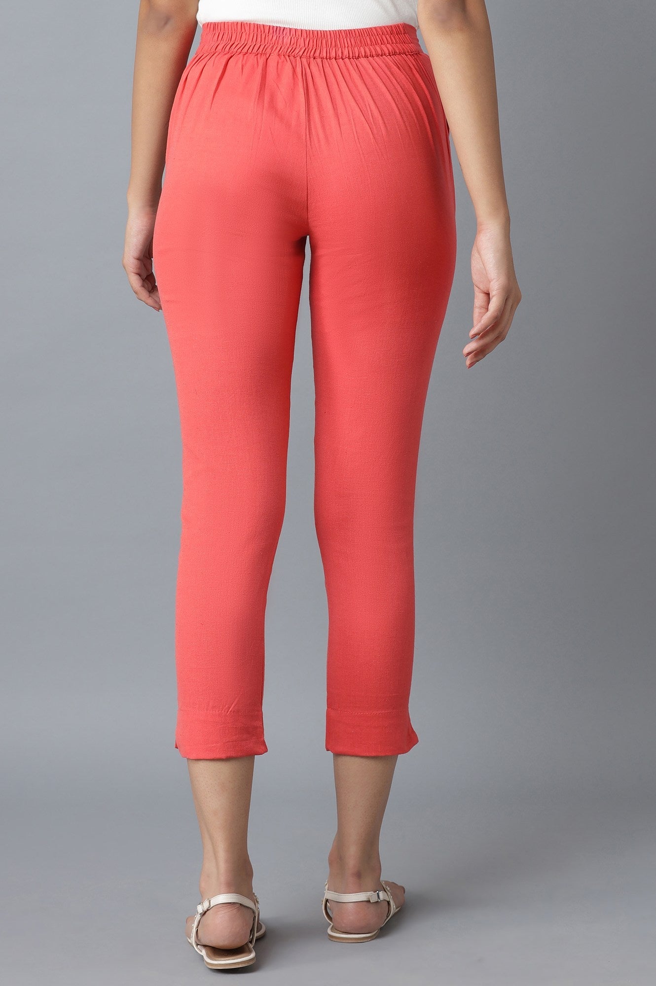 Peach Solid Straight Fit Cotton Trousers With Elasticated Waistband