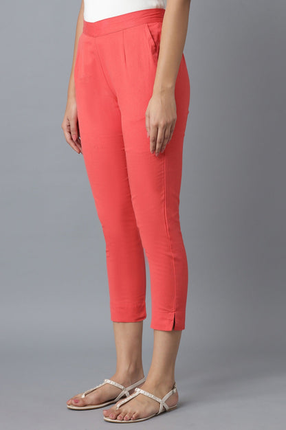 Peach Solid Straight Fit Cotton Trousers With Elasticated Waistband