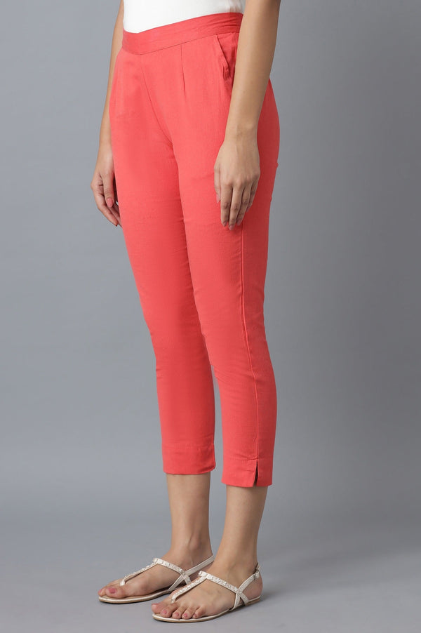 Elleven Women's Peach Solid Straight Fit Cotton Trousers With Elasticated Waistband