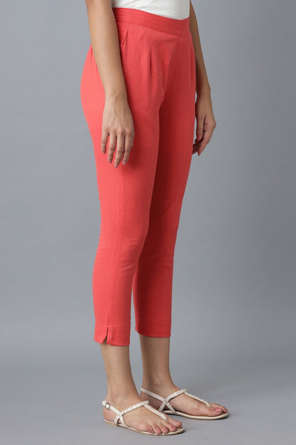 Peach Solid Straight Fit Cotton Trousers With Elasticated Waistband