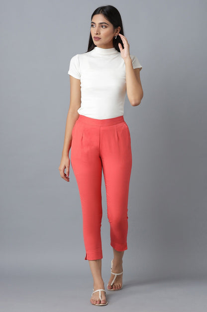 Peach Solid Straight Fit Cotton Trousers With Elasticated Waistband