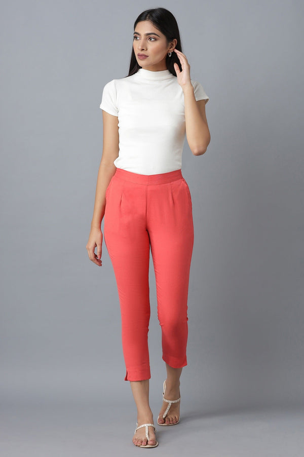 Elleven Women's Peach Solid Straight Fit Cotton Trousers With Elasticated Waistband