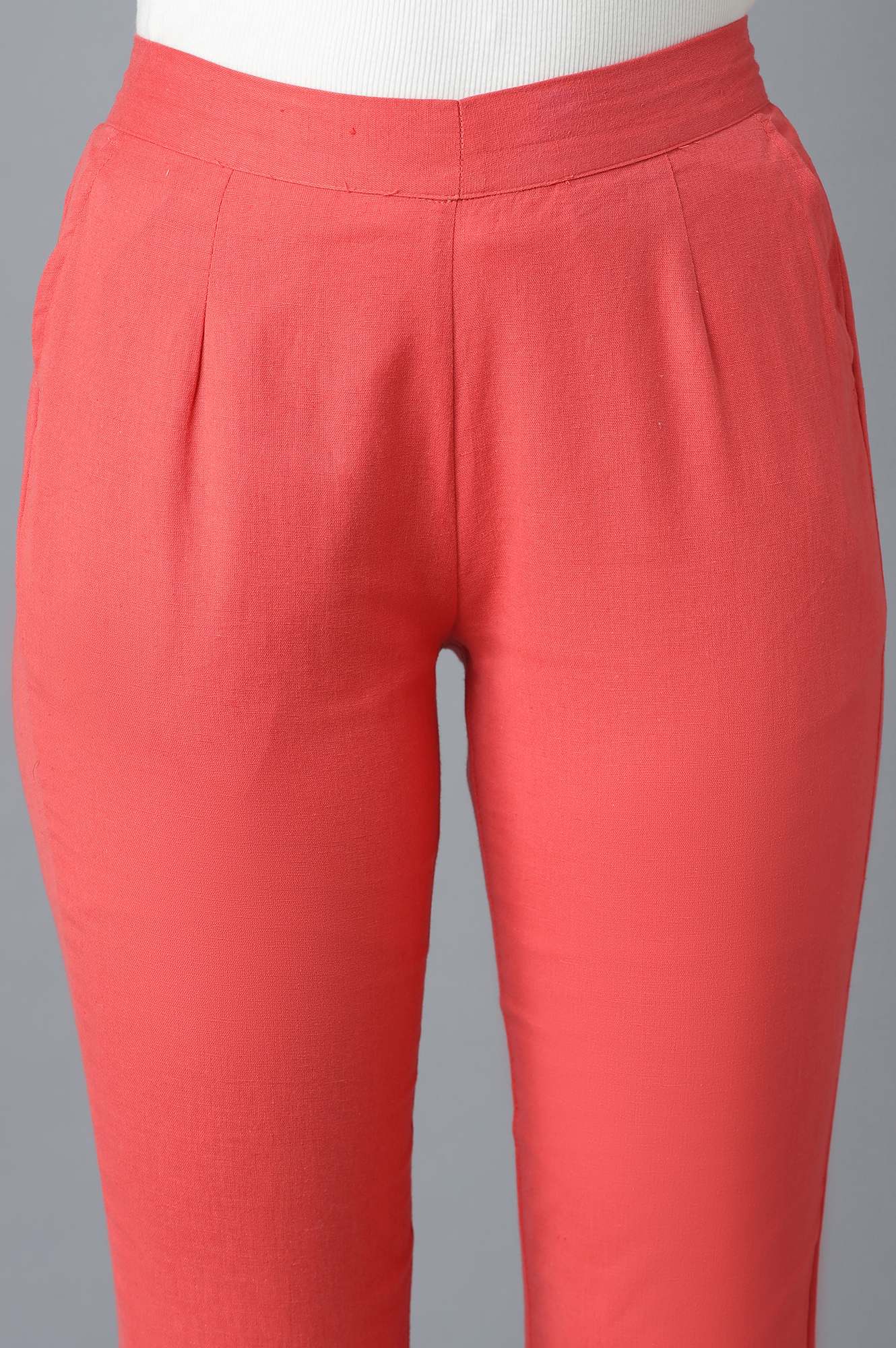 Peach Solid Straight Fit Cotton Trousers With Elasticated Waistband