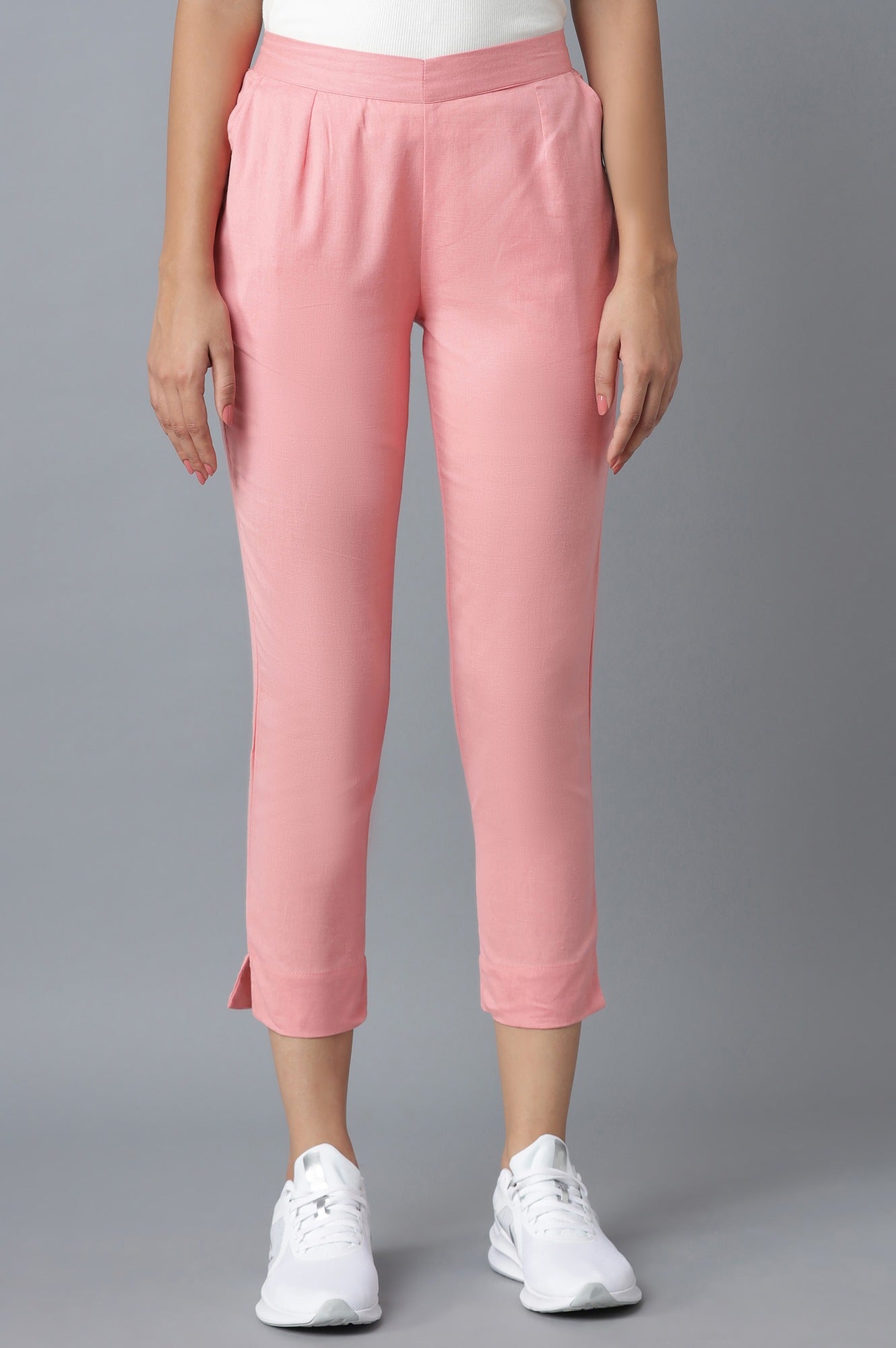Pink Solid Straight Fit Cotton Trousers With Elasticated Waistband