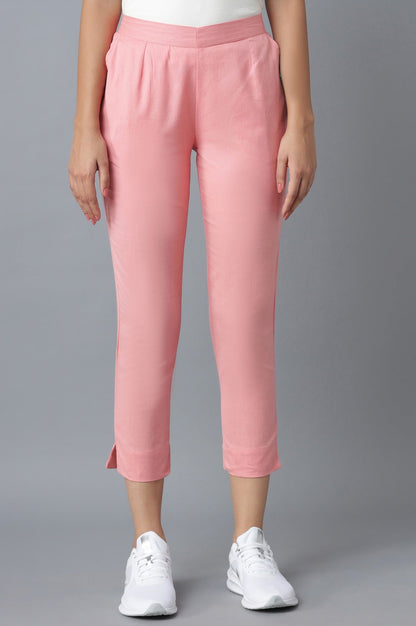 Pink Solid Straight Fit Cotton Trousers With Elasticated Waistband