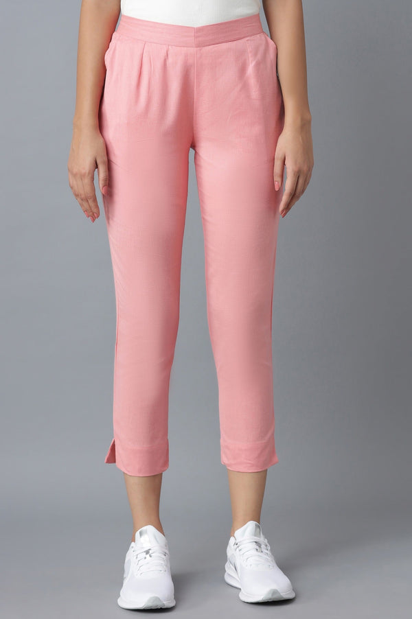 Elleven Women's Pink Solid Straight Fit Cotton Trousers With Roll Up Hem