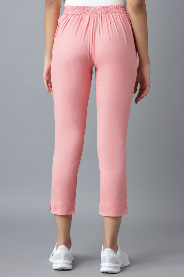Elleven Women's Pink Solid Straight Fit Cotton Trousers With Roll Up Hem