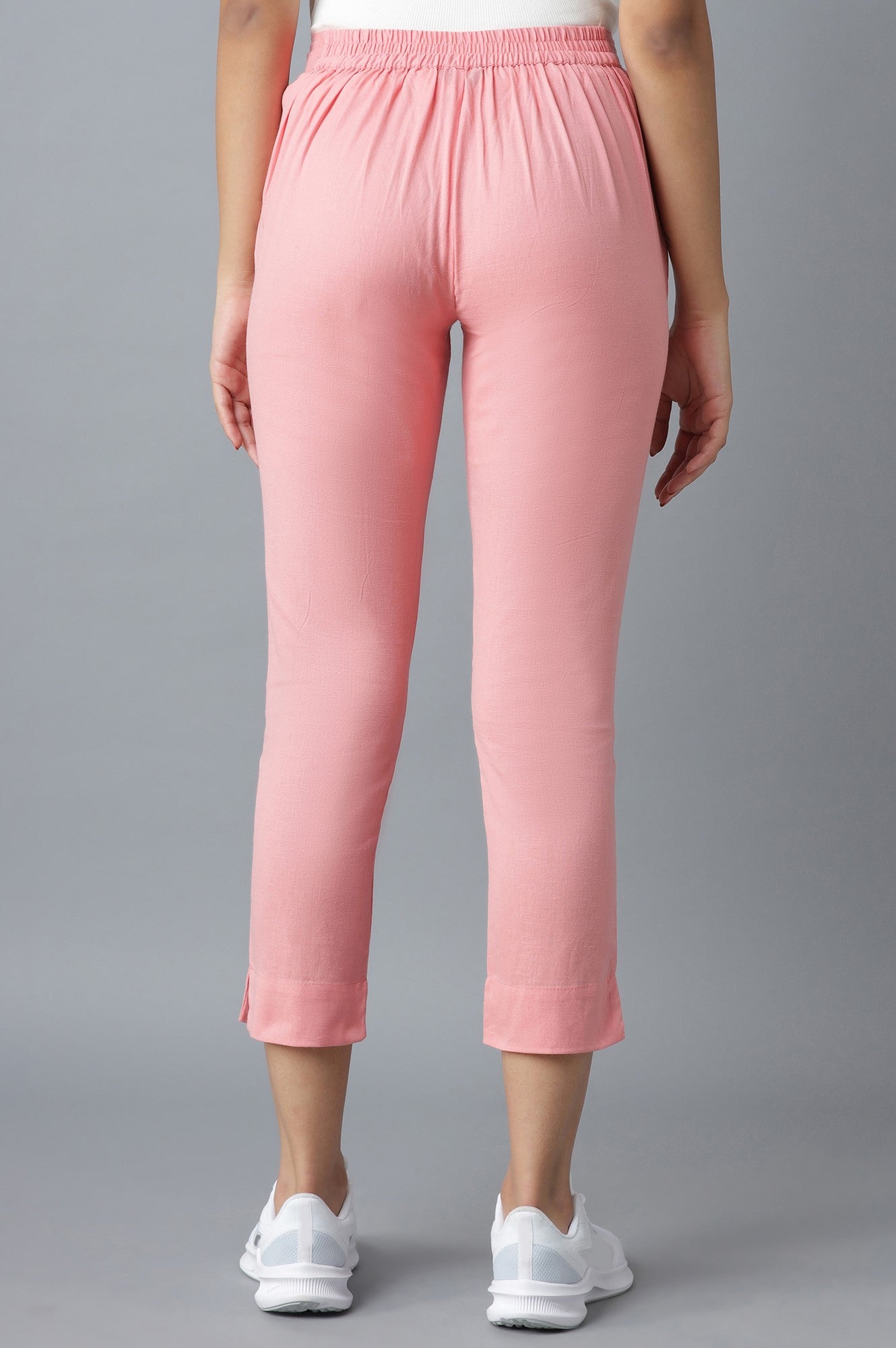 Pink Solid Straight Fit Cotton Trousers With Elasticated Waistband