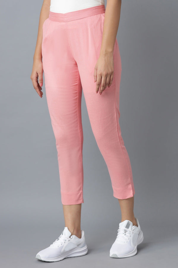 Elleven Women's Pink Solid Straight Fit Cotton Trousers With Roll Up Hem