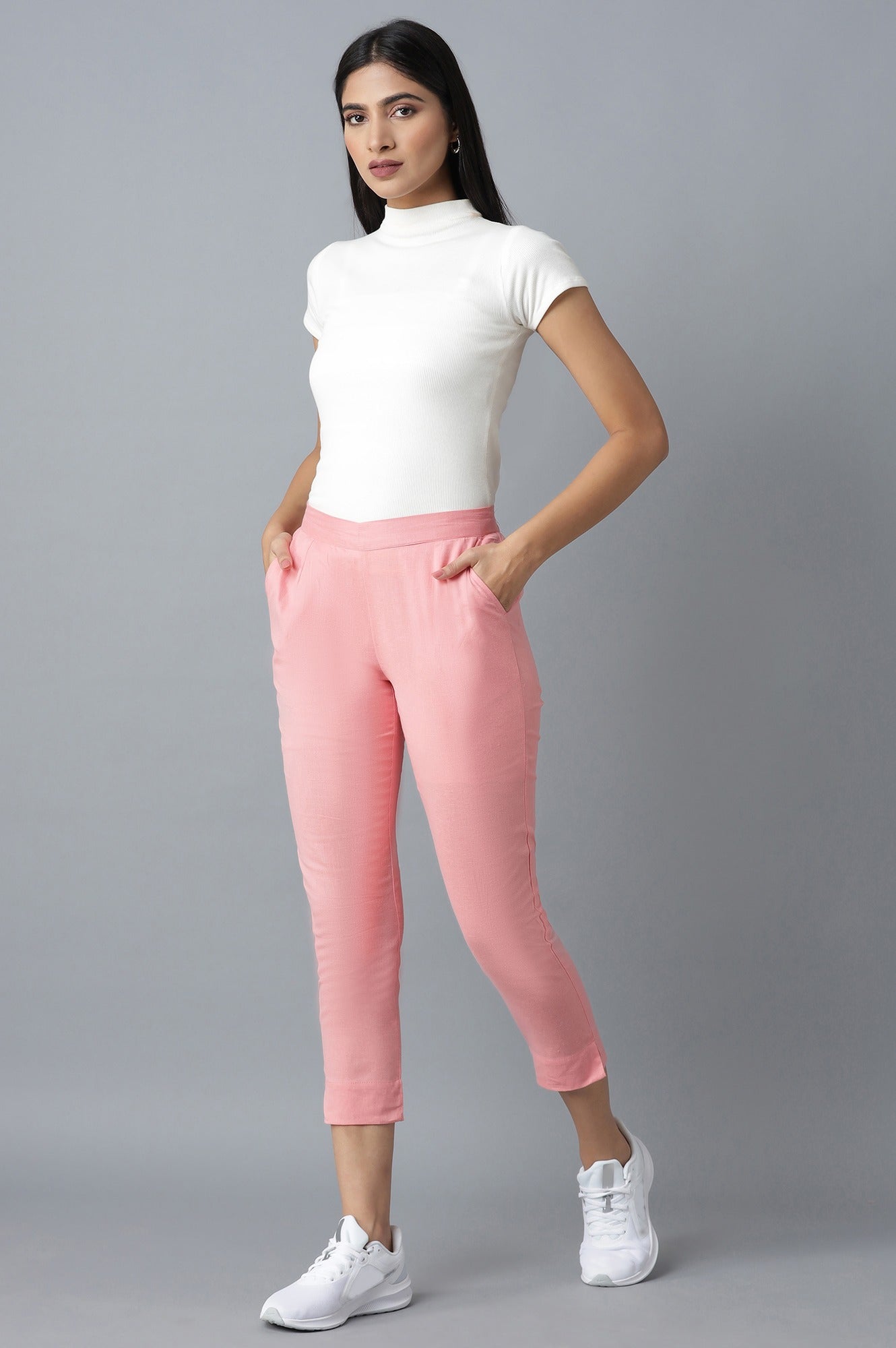 Pink Solid Straight Fit Cotton Trousers With Elasticated Waistband