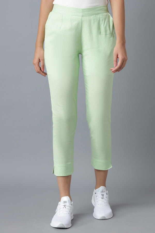 Light Green Solid Straight Fit Cotton Trousers With Elasticated Waist