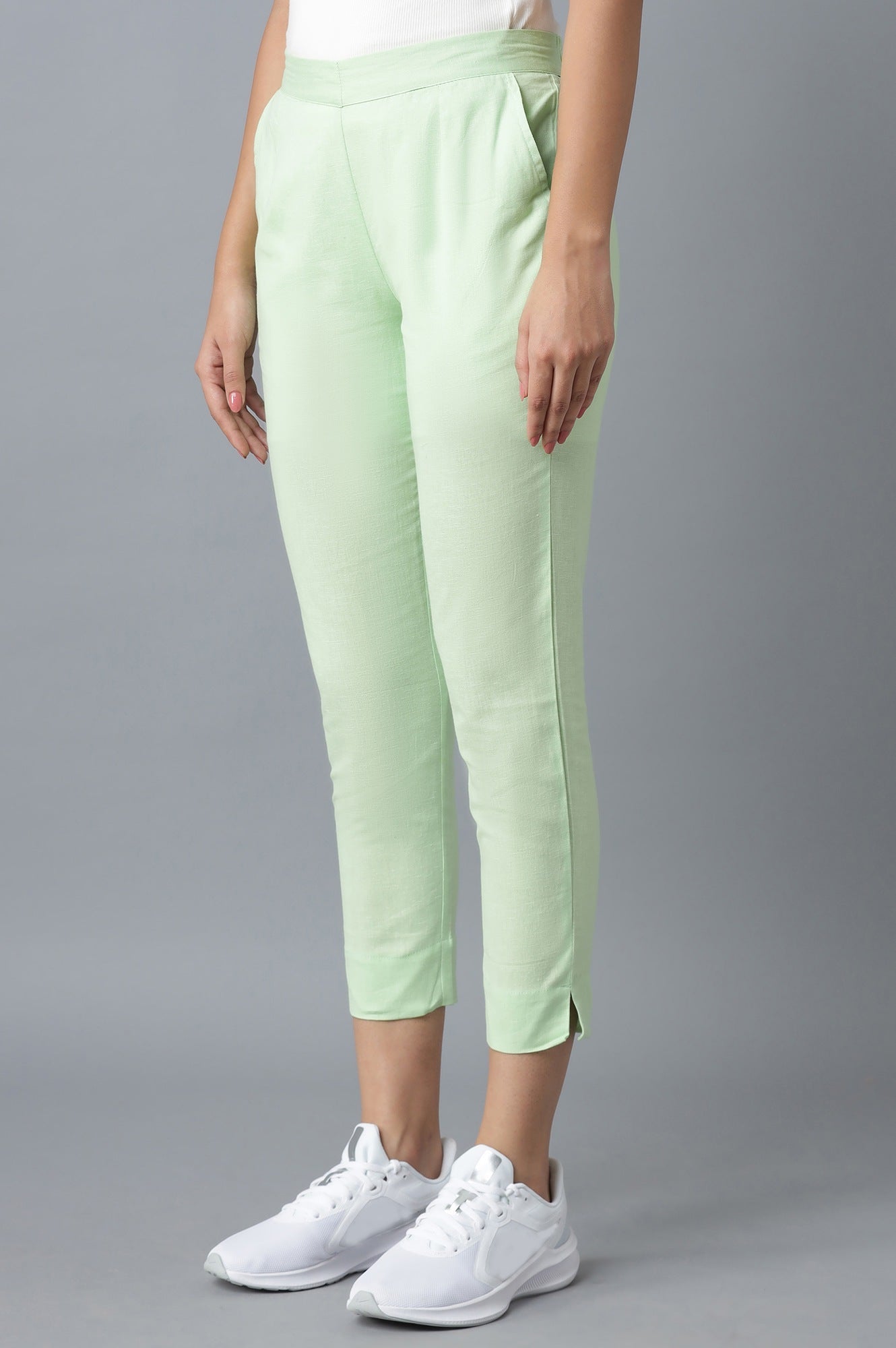 Light Green Solid Straight Fit Cotton Trousers With Elasticated Waist