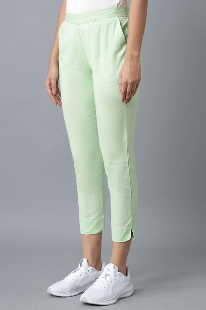 Light Green Solid Straight Fit Cotton Trousers With Elasticated Waist