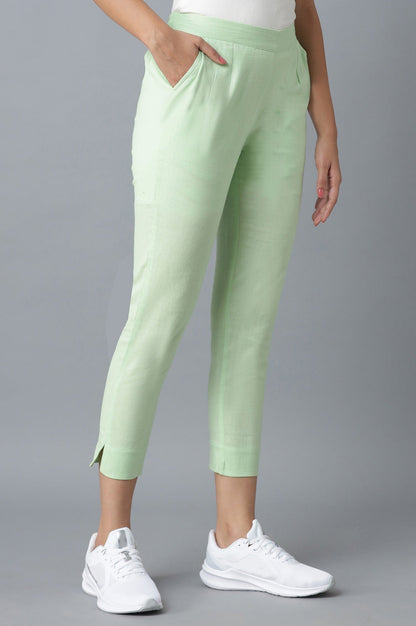 Light Green Solid Straight Fit Cotton Trousers With Elasticated Waist