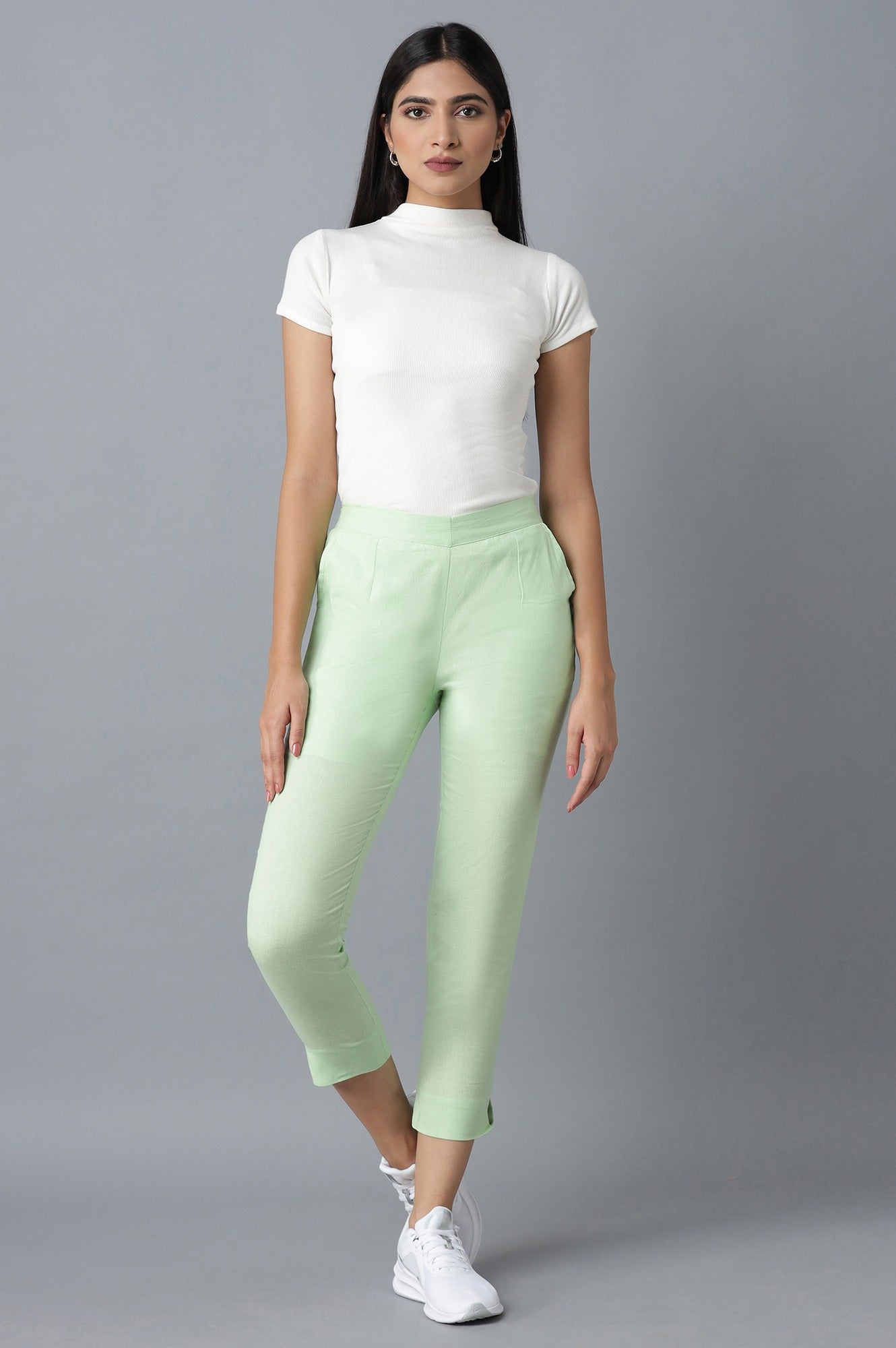 Light Green Solid Straight Fit Cotton Trousers With Elasticated Waist