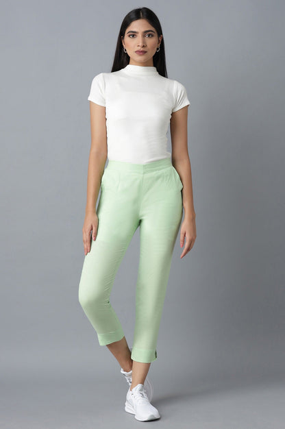 Light Green Solid Straight Fit Cotton Trousers With Elasticated Waist