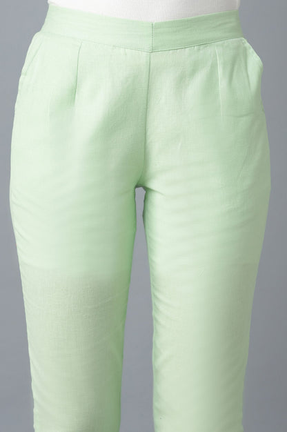 Light Green Solid Straight Fit Cotton Trousers With Elasticated Waist