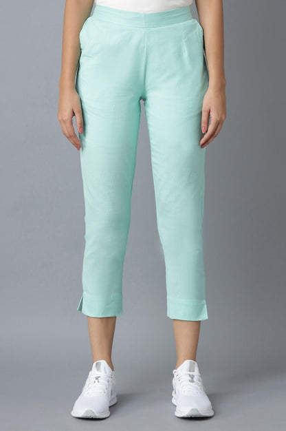 Light Blue Solid Straight Fit Cotton Trousers With Elasticated Waistband
