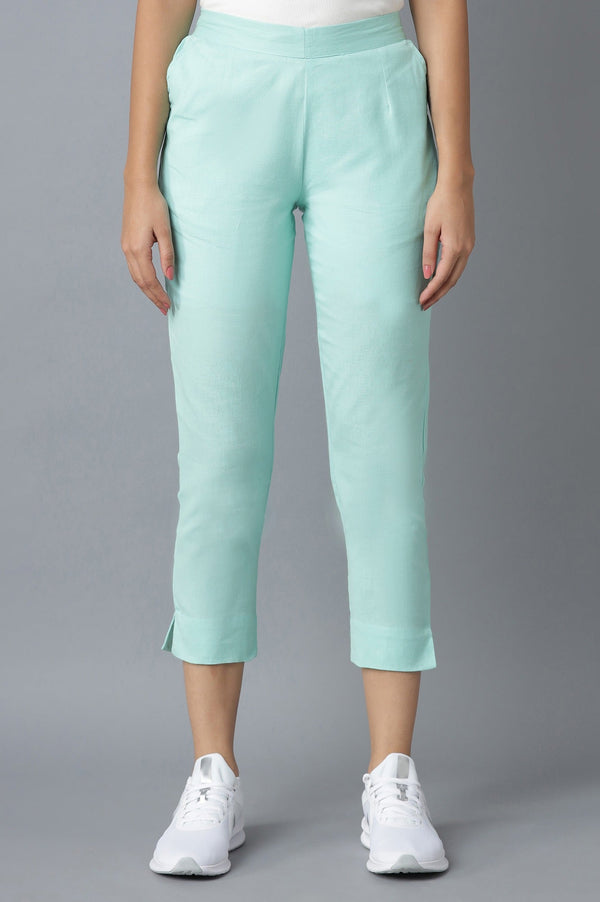 Light Blue Solid Straight Fit Cotton Trousers With Elasticated Waistband