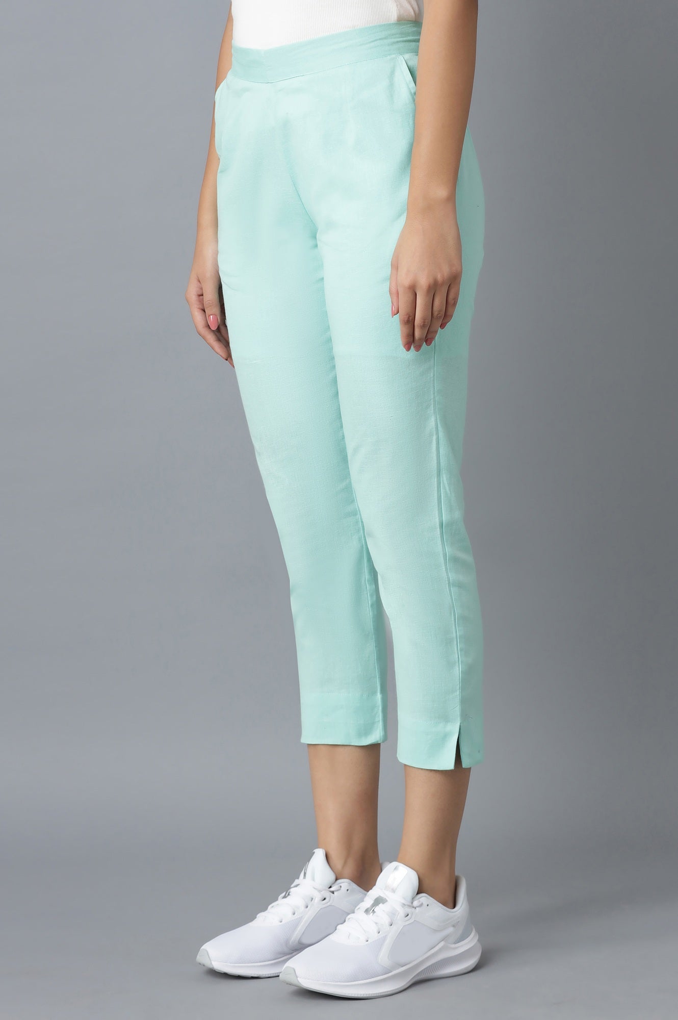 Light Blue Solid Straight Fit Cotton Trousers With Elasticated Waistband