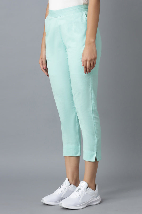 Elleven Women's Light Blue Solid Straight Fit Cotton Trousers With Elasticated Waistband